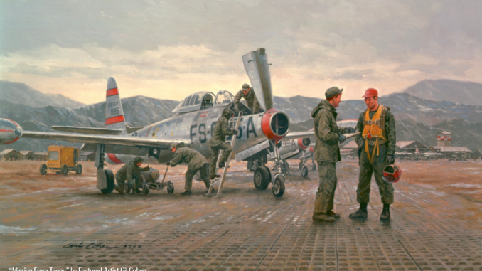 "Mission from Taegu" - This painting by Gil Cohen shows the F-84Es of the 158th Fighter Bomber Squadron operating at the FOB Taegu Air Base during the Korean War.