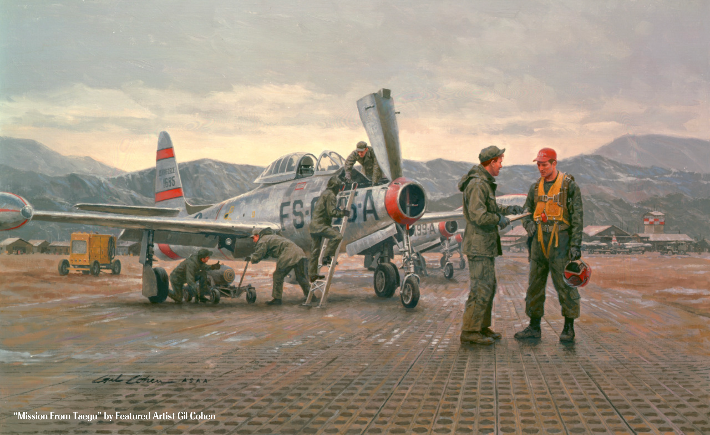 "Mission from Taegu" - This painting by Gil Cohen shows the F-84Es of the 158th Fighter Bomber Squadron operating at the FOB Taegu Air Base during the Korean War.