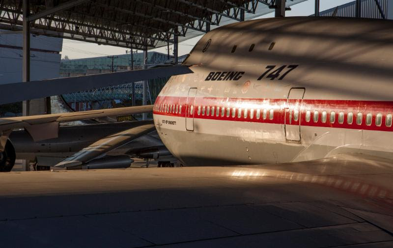 The 747 prototype shines at dawn in the Aviation Pavilion. Ted Huetter/The Museum of Flight, Seattle. 