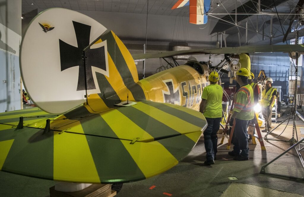 The Albatros D.Va is dismantled after being lowered in the closed Legend Memory and Great War in the Air Gallery June 5 2019. Smithsonian photo by Jim Preston