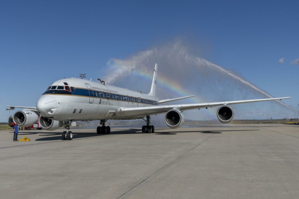 The DC 8 aircraft returned to NASAs Armstrong Flight Research Center Building 703 in Palmdale California