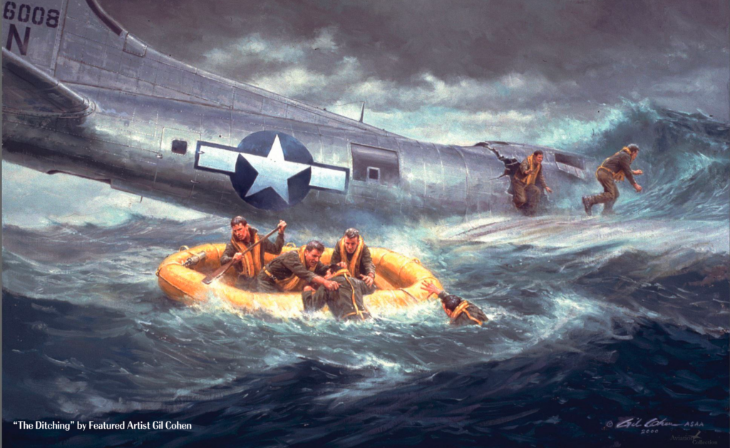 "The Ditching"- This painting by Gil Cohen shows a downed Boeing B-17 Flying Fortress as its crew escapes into the water.