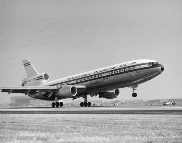 The McDonnell Douglas DC 10 prototype N10DC makes its first takeoff Long Beach Airport 29 August 1970. Boeing