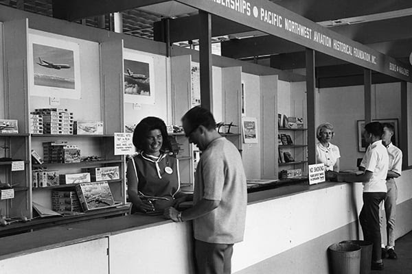 The Museum of Flight admissions desk circa 1965 when the Museum was known as the Pacific Northwest Aviation Historial Foundation