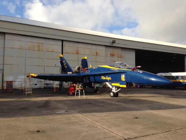 Technicians begin preparing the Museum's Blue Angel for the road trip from Florida.