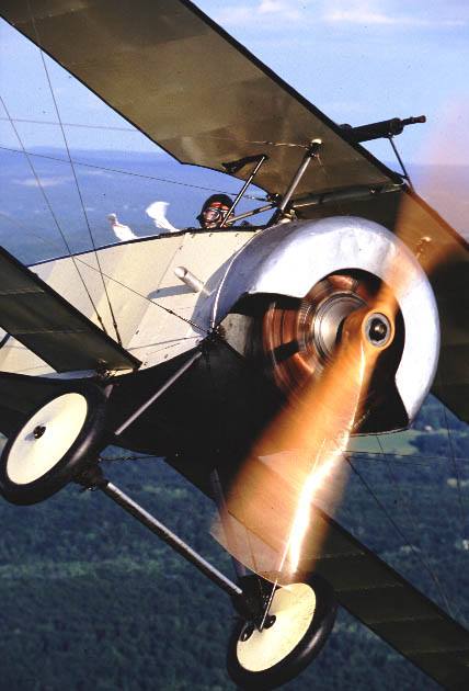 The Sopwith Pup flying with the spinning rotary engine clearly visible. Photo via Old Rhinebeck Airdrome