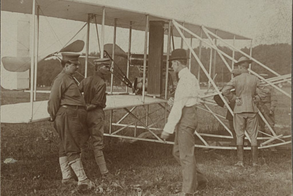 Spirit of Flight Museum Marks Wright Brothers Legacy with New Monument 15 The Wright brothers and some Army Signal Corps soldiers work on the Wright Military Flyer as they test it out at Fort Myer Virginia 1909.
