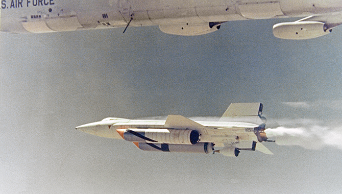 The X 15A 2 in flight with ablative coating and additional external fuel tanks. Photo Credit NASA