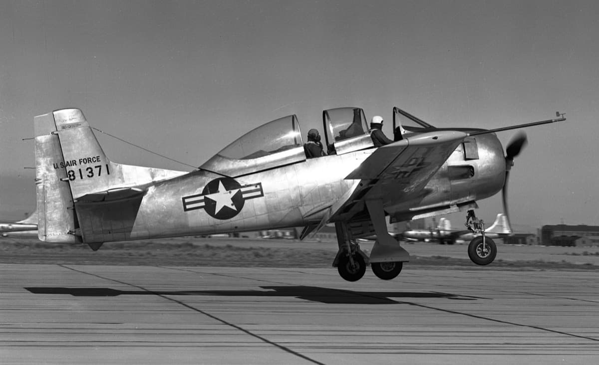 The first of two North American Aviation XT 28 prototypes 48 1371 lands at Edwards Air Force Base 3 February 1950. U.S. Air Force