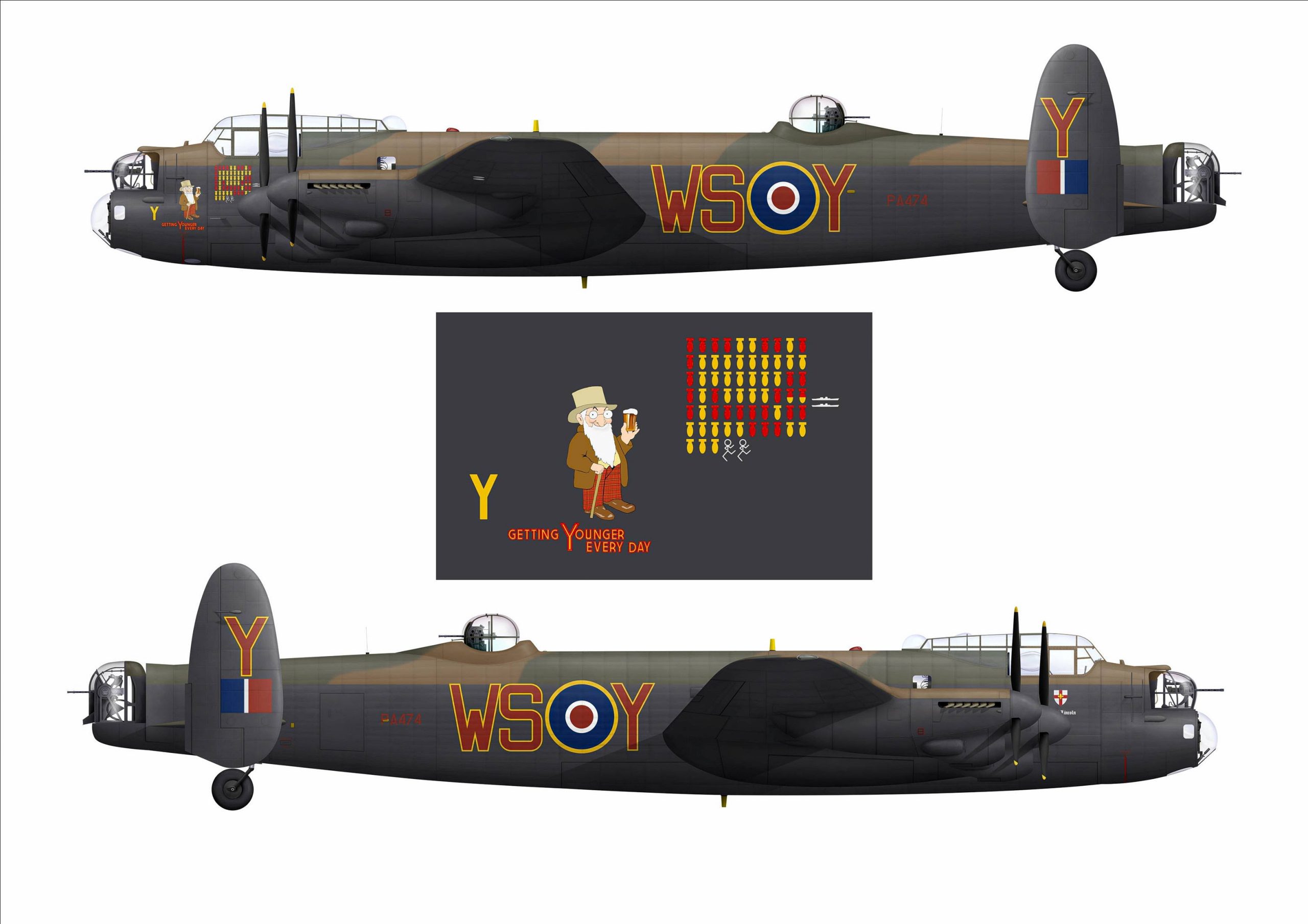 The new markings for BBMF Lancaster PA474 will represent IX Sqn Lancaster Getting Younger Every Day. Artwork Chris Sandham Bailey scaled