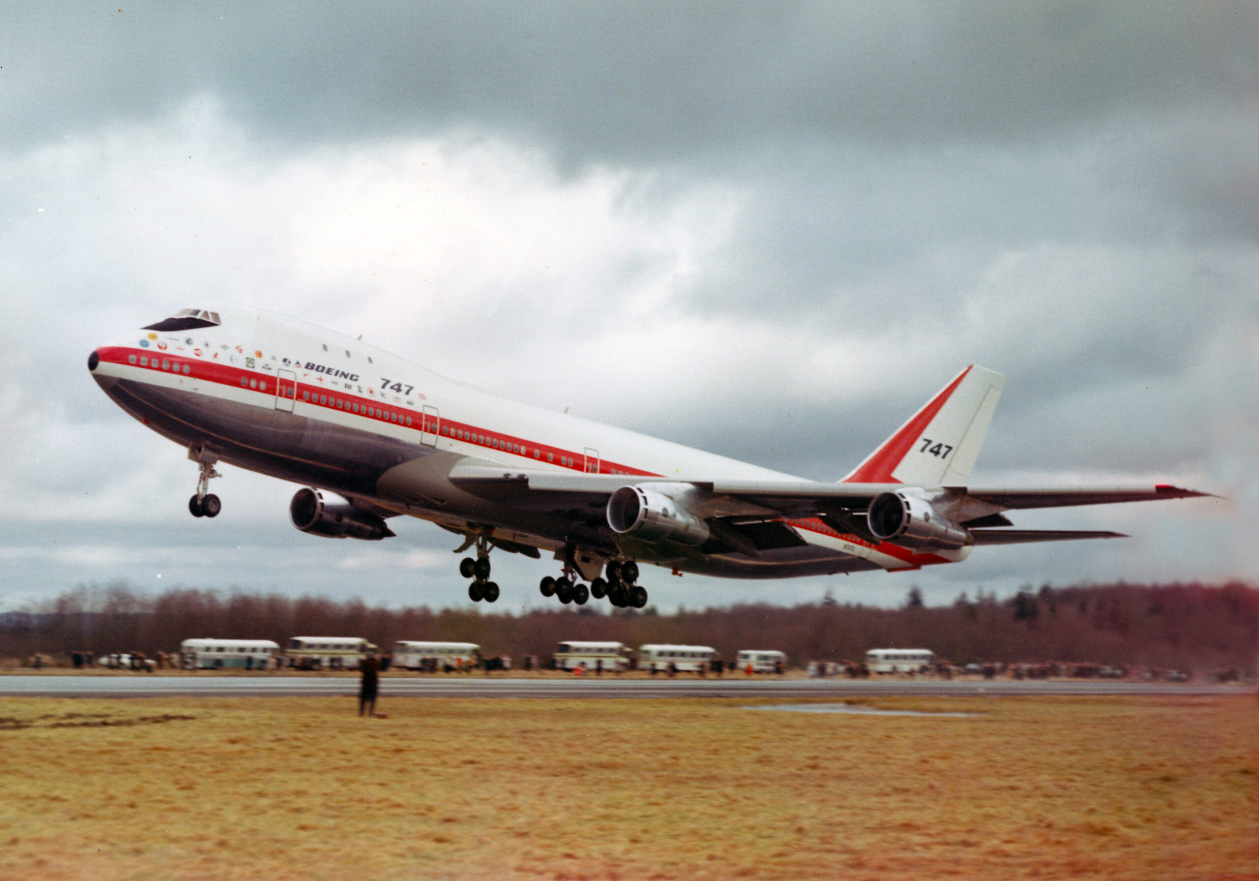 The prototype Boeing 747 RA001 City of Everett takes off at Paine Field 9 February 1969. The Museum of Flight scaled