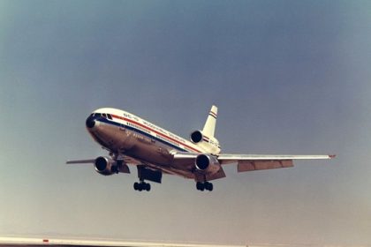 The prototype McDonnell Douglas DC 10 N10DC during flight testing at Edwards Air Force Base. San Diego Air Space Museum