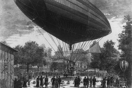 This engraving by E.A. Tilly depicts the Tissandier electric airship