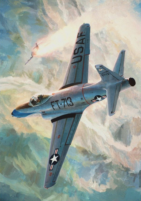 This painting by famed aviation artist Keith Ferris depicts 1st Lieutenant Russell Browns Lockheed F 80C Shooting Star as he shot down an enemy Mikoyan Gurevich MiG 15 over Korea 8 November 1950