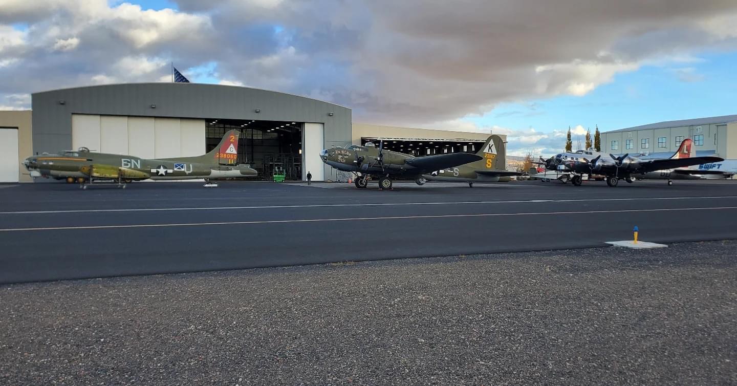 Three B 17G Flying Fortresses outside enjoying the sun today at The Warbird Shop in Madras Oregon. Thunderbird Ye Ole Pub and Yankee Lady . All three were sold by Platinum Fighter Sales