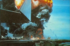 Photo of the fire aboard the U.S. Navy aircraft carrier USS Forrestal (CVA-59) on 29 July 1967 off Vietnam. ( Image credit: PH2 Mason, USN)