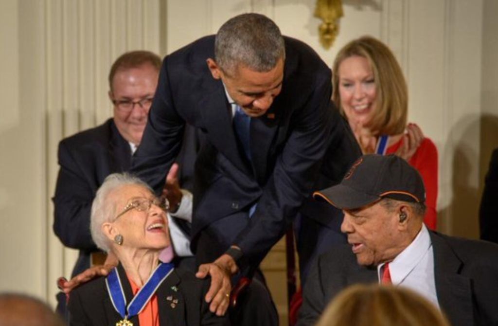 Pioneers of Aeronautical Engineering: Katherine Johnson - Math Genius of NASA 10 Former President Barack Obama presents NASA mathematician Katherine Johnson with the Presidential Medal of Freedom, as professional baseball player Willie Mays, right, looks on, Tuesday, Nov. 24, 2015, during a ceremony in the East Room of the White House in Washington. (Photo Credit: NASA/Bill Ingalls)