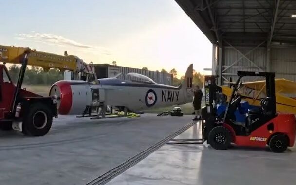 Sea Fury VH-HPB, formerly the Reno racer Sawbones, is unpacked in Australia after purchase by Paul Bennet. [Photo Paul Bennet Airshows via Facebook]