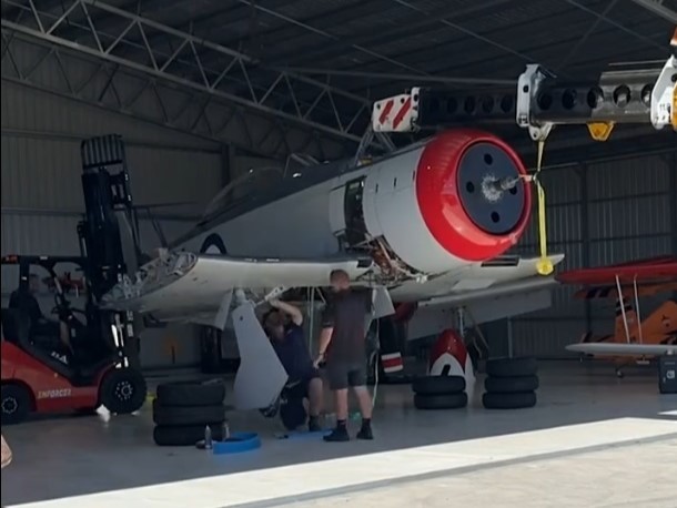 Sea Fury VH-HPB, formerly the Reno racer Sawbones, is unpacked in Australia after purchase by Paul Bennet. [Photo Paul Bennet Airshows via Facebook]