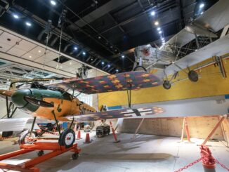 Voisin Type 8 and Albatros D.Va on the second floor balcony in front of the WWI Gallery 208 at the National Air and Space Museum in Washington DC. April 8 2024. Smithsonian photo by Mark Avino