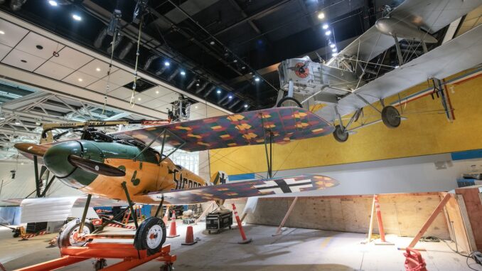 Voisin Type 8 and Albatros D.Va on the second floor balcony in front of the WWI Gallery 208 at the National Air and Space Museum in Washington DC. April 8 2024. Smithsonian photo by Mark Avino