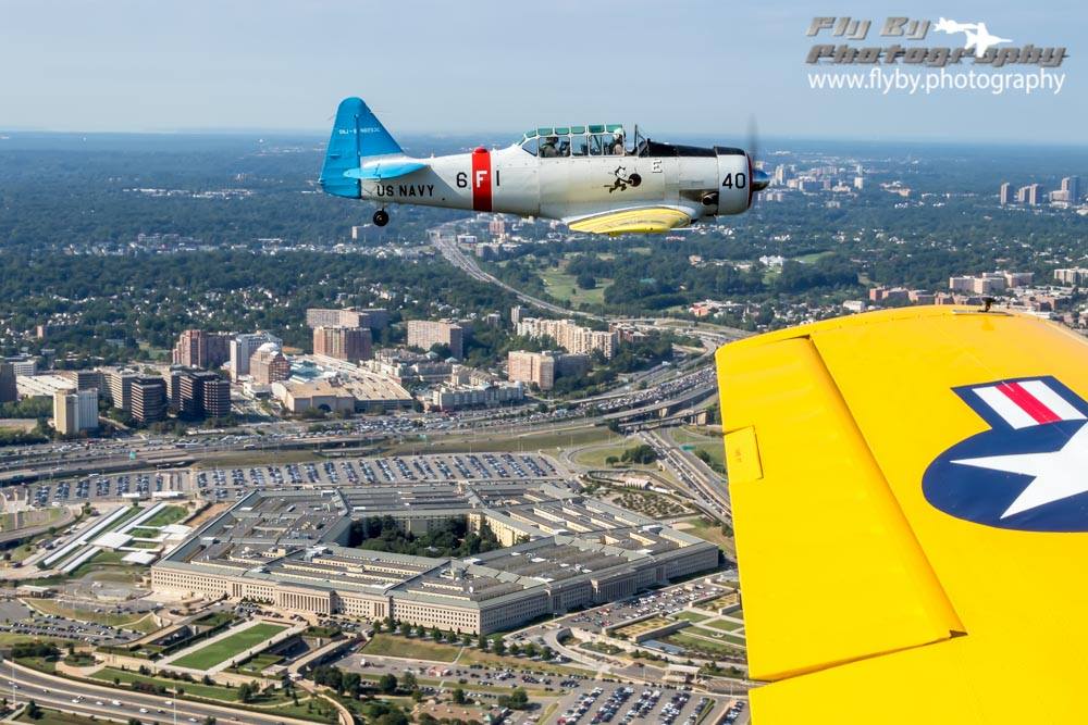 Texan Flight over Arlington National Cemetery with the Pentagon on our left, below. Photo by John Lackey of Fly By Photography