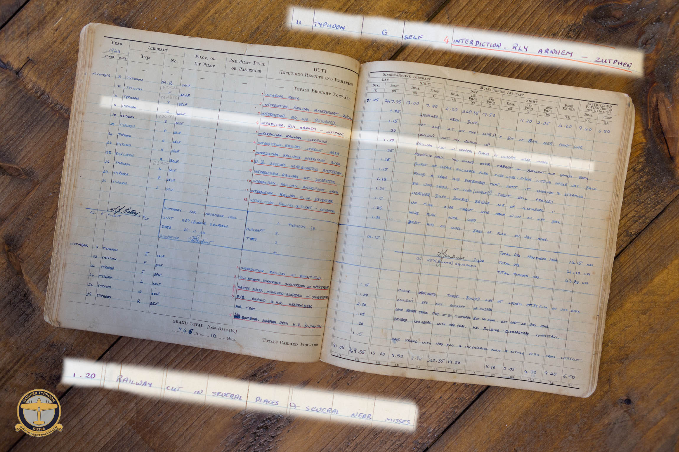 WWII Hawker Typhoon Pilot Logbook