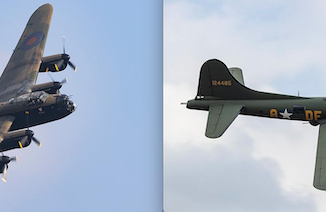 Witness B 17G Sally B and the RAFs Avro Lancaster flying together over IWM Duxford copy