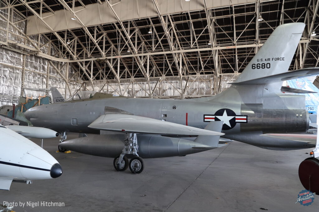 The Republic XF-91 Thunderceptor: First flown in 1949, the XF-91 was developed as an interceptor with both a General Electric J47 turbojet engine and a Reaction Motors XLR11 liquid propellant rocket engine. Republic designer Alexander Kartveli took inspiration from the Heimatschützer (home protector) Messerschmitt Me 262C prototypes, which installed a series of rocket motors to increase the speed and climb rate of the aircraft. Two Thunderceptors (46-680 and 46-681) were constructed and were flight tested at Edwards AFB. A distinctive feature of the XF-91 was that the surface area of the wingtips was greater than that of the wing root areas. This was because at that time, swept-wing aircraft flying at low speeds and high angles of attack often suffered from having the wingtips stall before the rest of the wings, causing severe imbalance to the flight profile. While the Thunderceptor was indeed fast, with a maximum speed of 984 mph, its range and loitering time were very short. Flight data from the Thunderceptors did help in the development of better aircraft types that did reach operational service, though, and 46-680 was transferred to the museum from Edwards in May of 1955.