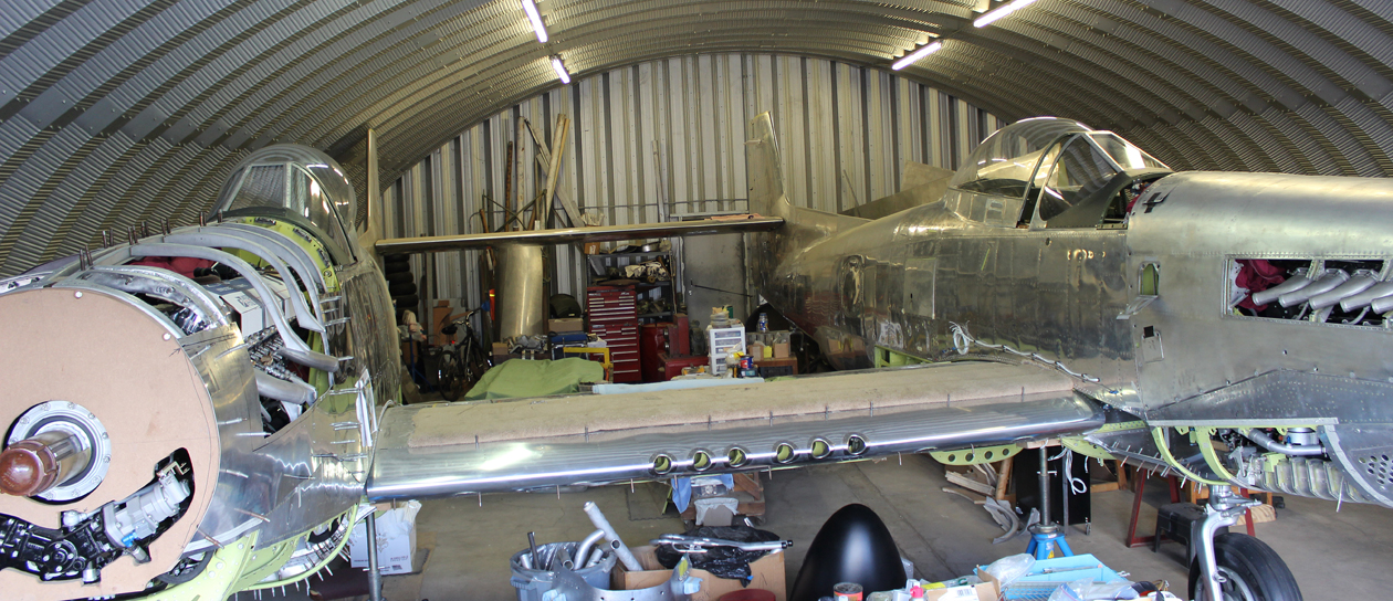 A view of the XP-82 from the front. She will soon be resting on her own gear again! (photo via Tom Reilly)