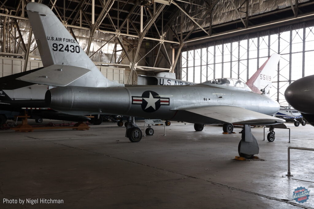Republic YRF-84F 49-2430: Used in the Fighter Conveyor (FICON) project, this Thunderstreak was modified to be a parasite fighter carried in the bomb bay of a B-36 Peacemaker. Besides Thunderstreaks, several RF-84K Thunderflashes were also modified for this project, which was later discontinued due to factors ranging from difficulties in the parasite fighters coupling and uncoupling with the mothership and advancements in Soviet interception systems, aerial refueling, and new long-range high altitude reconnaissance aircraft.