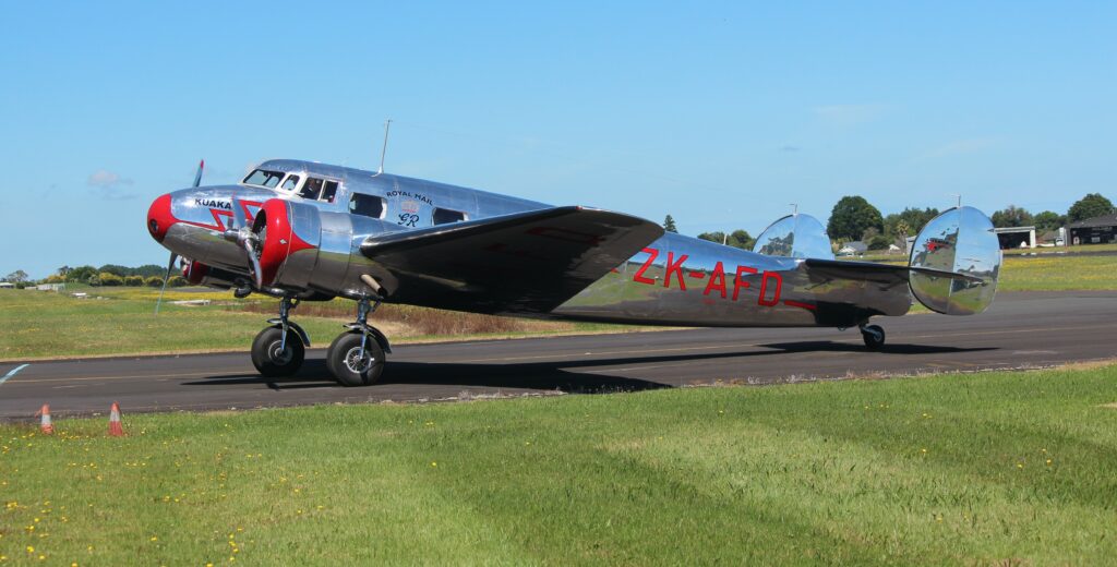 Electra ZK-AFD taxis back in from Ardmore's runway after the successful first post-restoration flight on January 31st, 2024. [Photo by Ruth Christie]