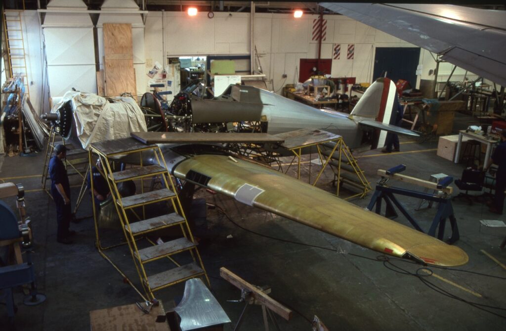 Hawker Hurricane P3351 under restoration at Air New Zealand Engineering’s workshops at Christchurch in March 1998. [Photo by Nigel Hitchman]