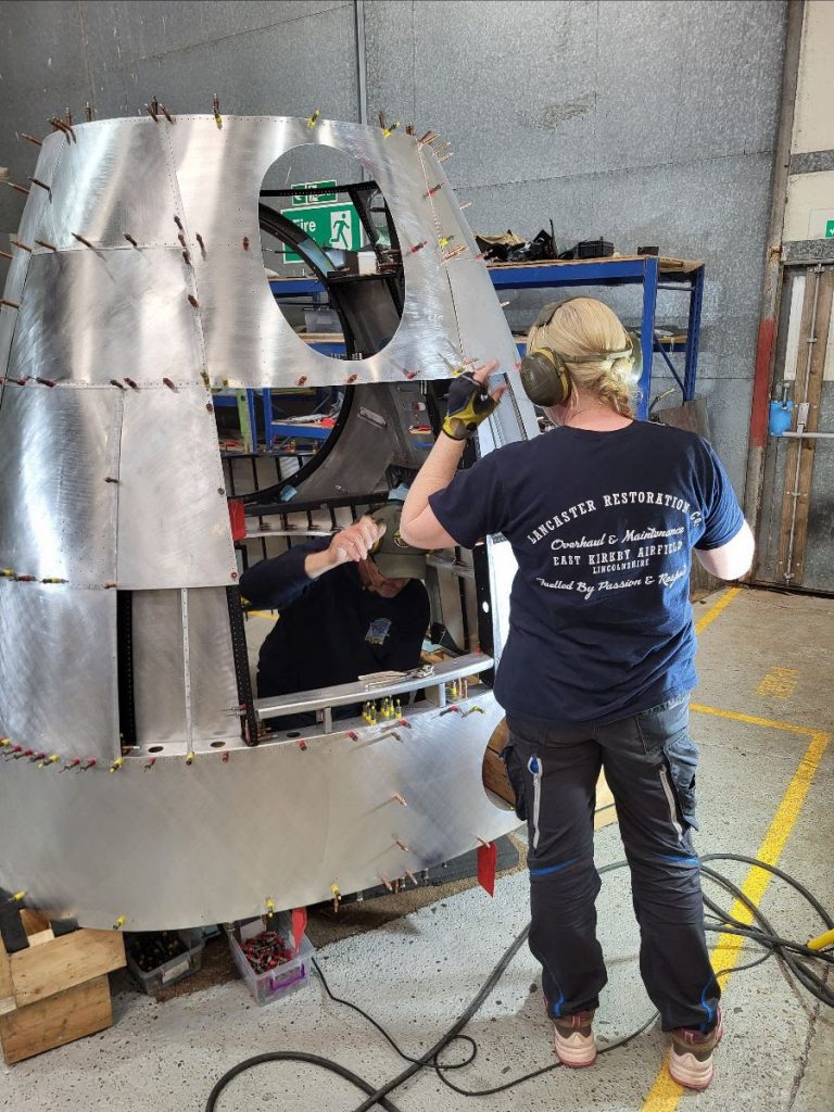 Avro Lancaster B.VII NX611 ‘Just Jane’ – Restoration Update 260 13 drilling the new skins on the nose of nx611