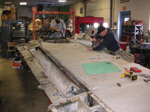 The P-61's right-hand outer wing panel in MAAM's workshop undergoing initial disassembly in November, 2013. (photo via MAAM)