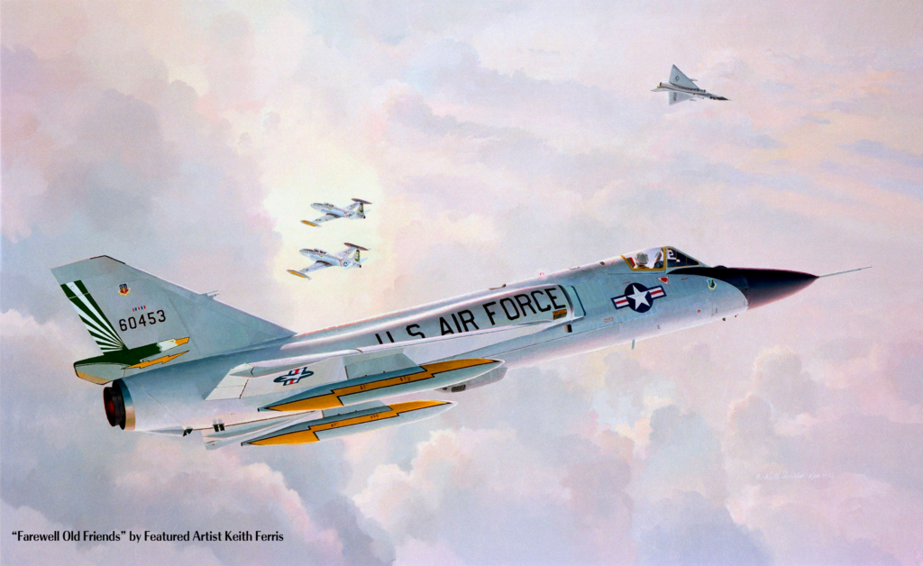 "Farewell Old Friends" - This painting by Keith Ferris depicts two Convair F-106A "Delta Darts" and two subsonic Lockheed T-33 "T-Birds" of the 49th Fighter Interceptor Squadron, Griffis AFB, New York, meeting in a 1986 training intercept high in the cloudscape above New York.