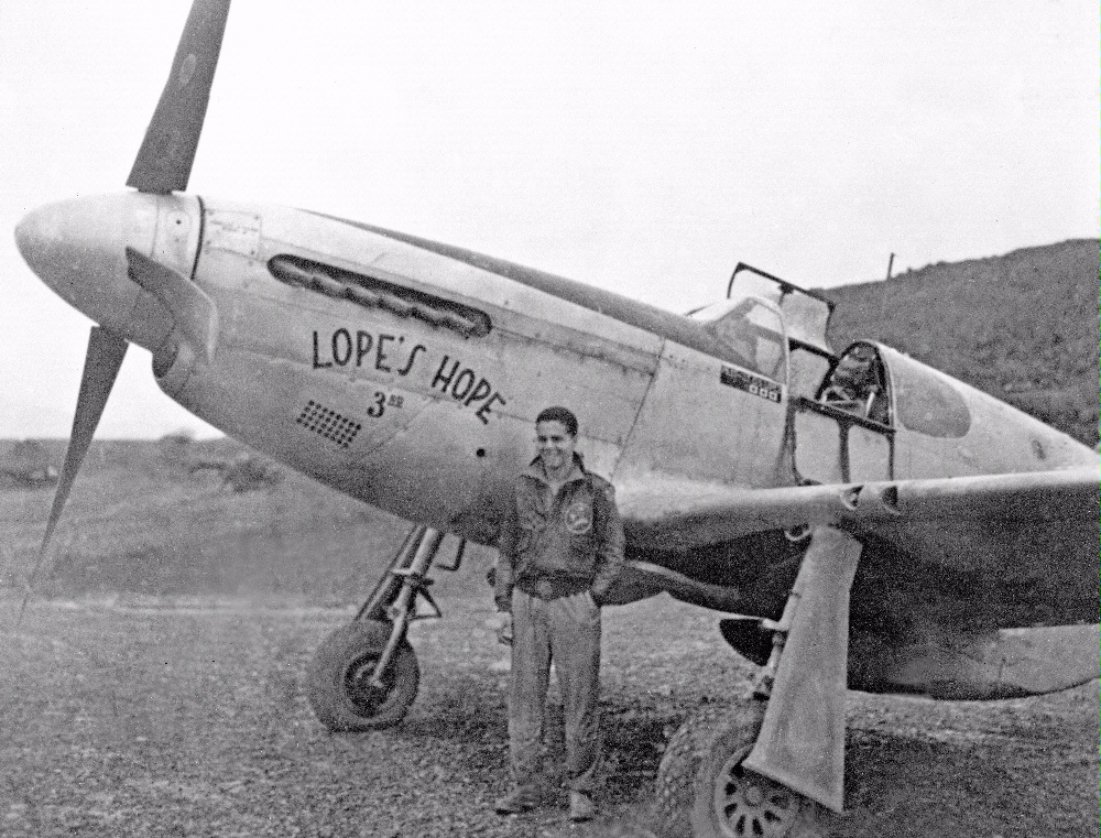 Don Lopez standing in front of his P-51C Mustang "Lope's Hope 3rd" in the CBI during WWII. (photo via AirCorps Aviation)