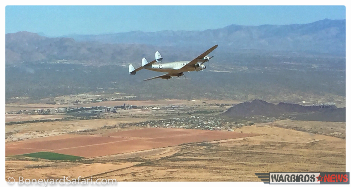 A frame from a video of the Connie's first flight taken from the chase plane. (photo with permission from Boneyardsafari.com) 