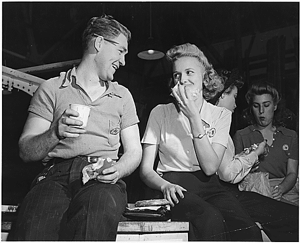 North American Aviation - Icon Maker of the P-51 Mustang, F-86 Sabre, B-25 Mitchell 11 men and women employees on the swing shift of north americans inglewood calif. aircraft plant enjoy their lunch periods. dpla d6023e28bd8009cde3b2cbe41f490f1f