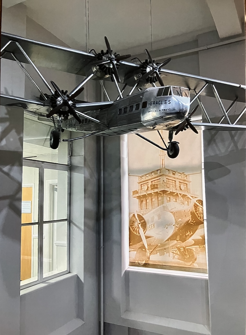 Croydon: London's Crucible of Flight 31 museum exhibits in former control tower 1920 museum. imperial airways route maps and scale model of handley page hp.42 8357