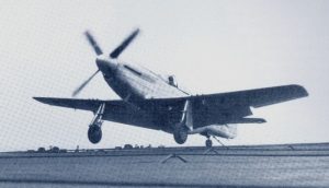 The ETF-51D prototype about to catch the arrester cable upon landing. Elder complained that aircraft attitude upon landing had to be precisely controlled, or the airframe would be damaged. (US Navy).