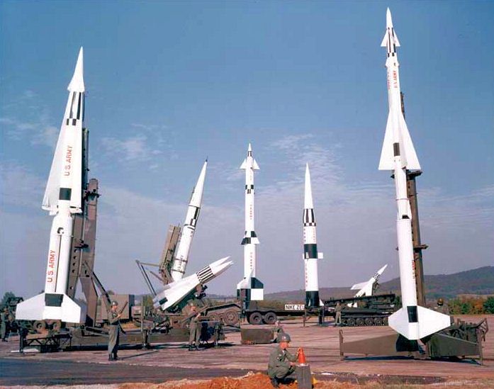 (Image: US Army; Project Nike missiles on display at Redstone Arsenal, Alabama)