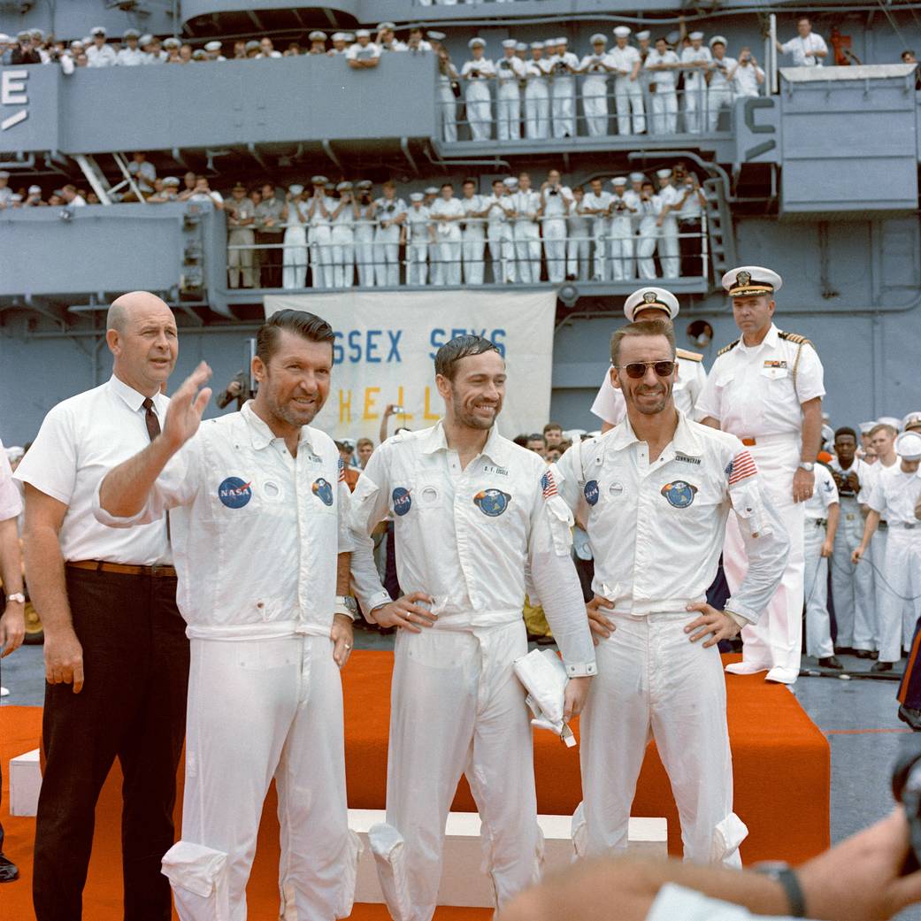 the Apollo 7 crew is welcomed aboard the USS Essex