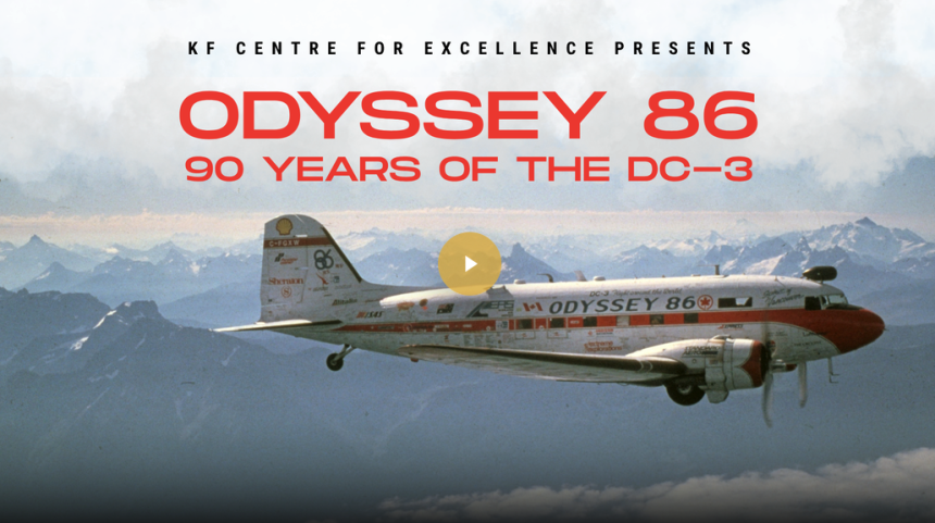 the odyssey dc 3 in flight during its 1986 journey around the world
