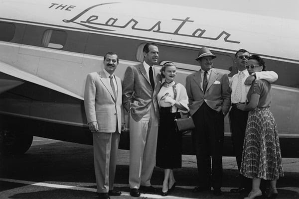 unnameHollywood stars Jerry Colonna Fred MacMurray June Haver and Bob Hope with William P. Lear and Moya O. Lear standing beside a Lear Learstar aircraft circa 1950