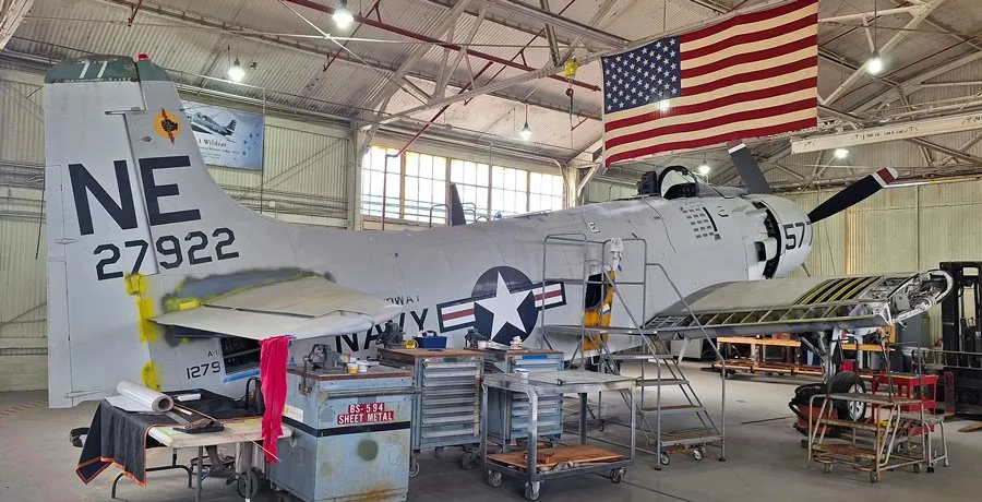 USS Midway Museum Welcomes Back Its Restored Douglas A-1 Skyraider 13 uss midway museums douglas a 1 skyraider buno 127922 restoration