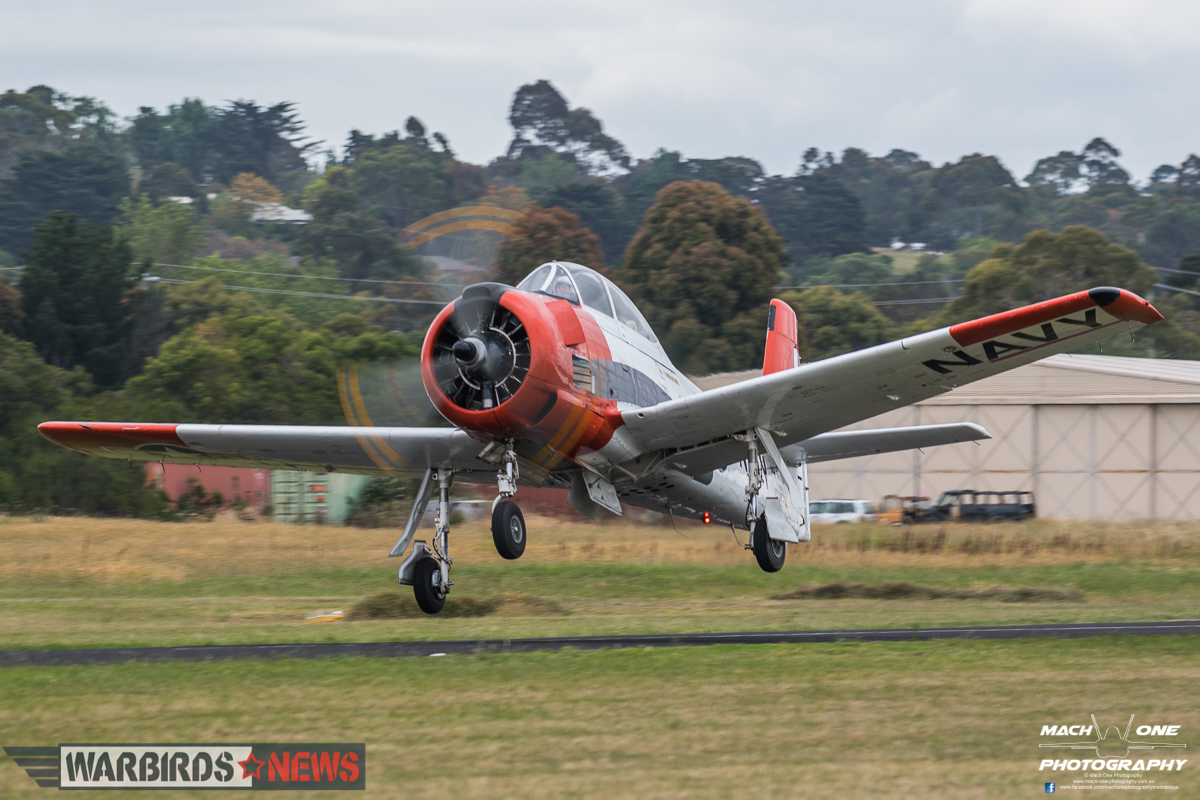 Judy Pay departing in her T-28 Trojan chase plane. (photo by Matt Savage/Mach One Photography)